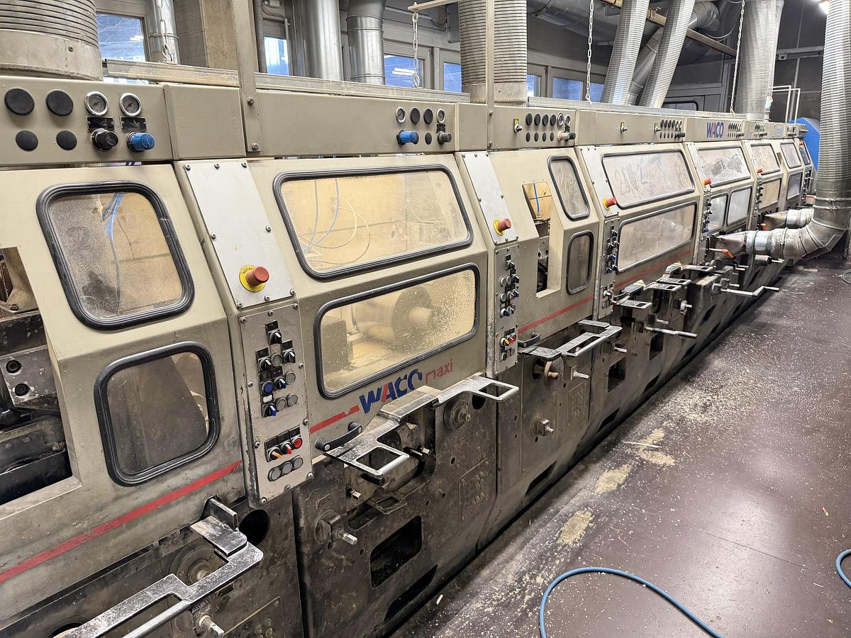 High speed Waco Maxi line 11 spindles with Waco BKW resaw, WoodEye scanner, Cross cut system, bundling, Fischer wrapping, labeling and stacker.